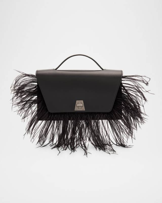 Anouk City Leather Top-Handle Bag with Feather Trim